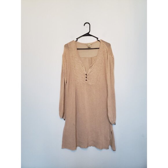 Relais Sweaters - Relais Women XL Sweater Tan Linen Cotton Lightweight Long Button Neck Semi Sheer